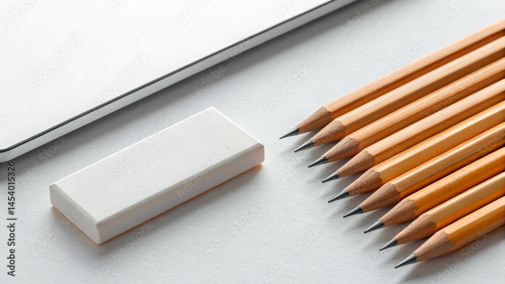 Obraz premium A set of sharp wooden pencils and a clean white eraser are neatly arranged on a light surface next to a laptop edge, perfect for themes of creativity, education, or office work. 