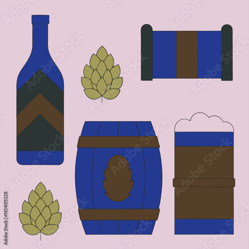 Colorful Beer Bottles and Barrels in Flat Design  