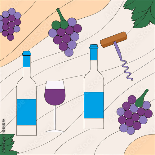 Wine bottles and glass with grapes on a textured background  