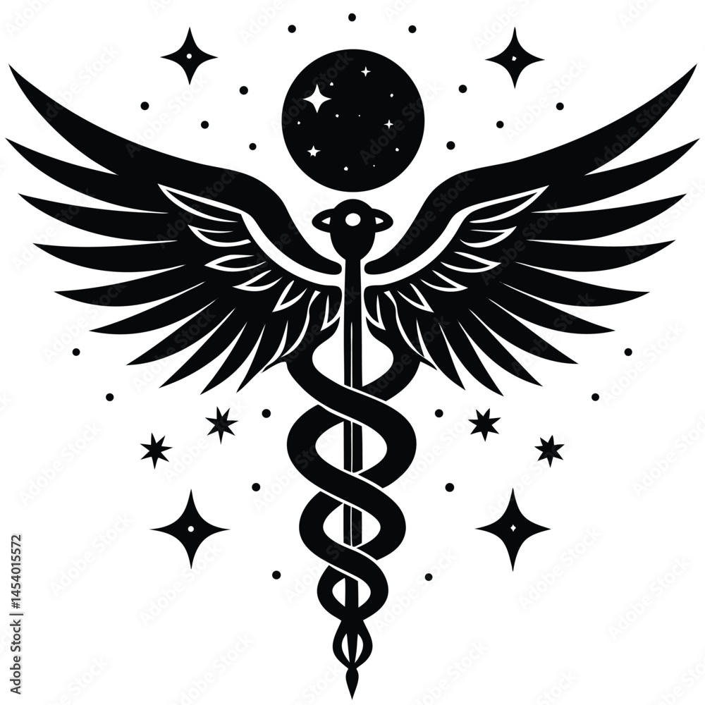 Fototapeta premium Caduceus Medical Symbol vector Silhouette illustration Moon and stars around silhouette caduceus