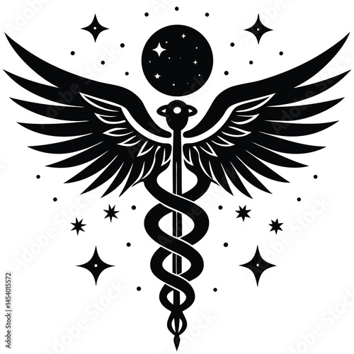 Caduceus Medical Symbol vector Silhouette illustration Moon and stars around silhouette caduceus