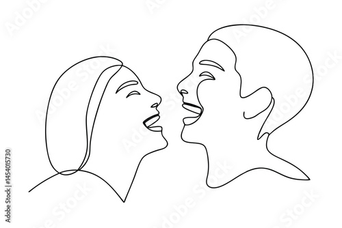 Simple continuous line drawing depicting two laughing people sharing a joyful and uplifting moment together on white background