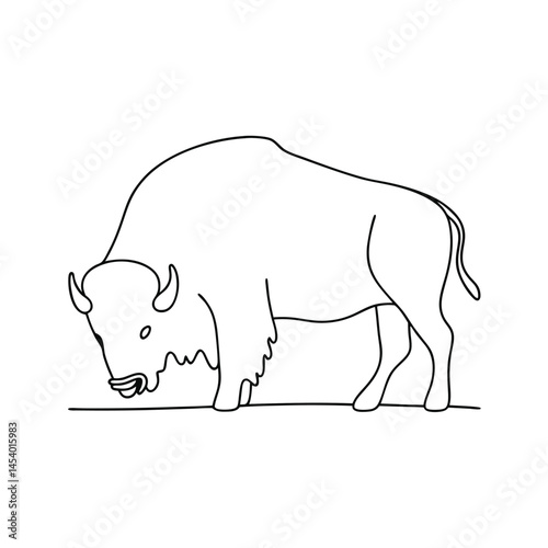 A simple line art illustration of a powerful american bison grazing in a natural environment or prairie