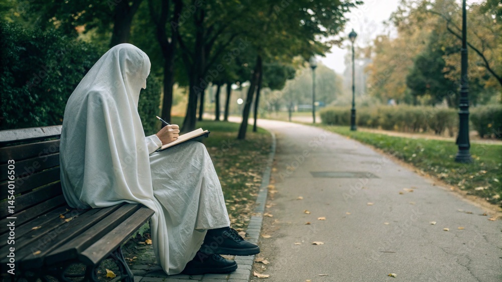 In a peaceful park, a figure in a ghost costume is seated on a bench, diligently writing, suggesting a spectral author, a mysterious diary, or ideas from the beyond.
In a peaceful park, a figure in a ghost costume is seated on a bench, diligently writing, suggesting a spectral author, a mysterious diary, or ideas from the beyond.