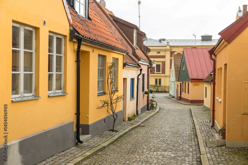 Fototapeta premium Colorful small houses along cobbled street in Ystad, Sweden.