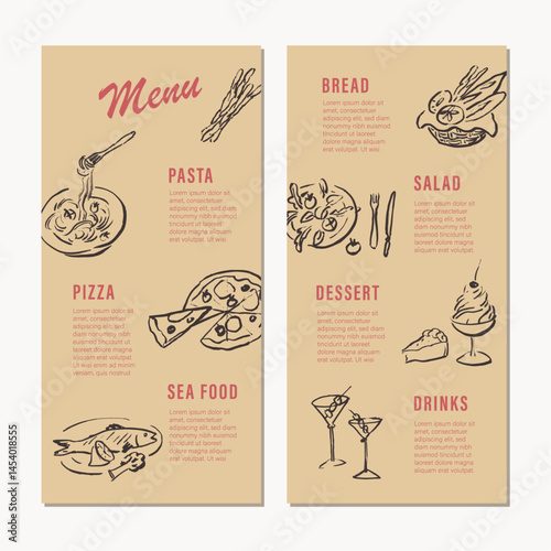Cafe and  restaurant menu template, line art food drawings