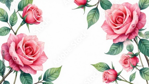 Intricate watercolor roses & leaves, soft hues, fabric, textile, vintage