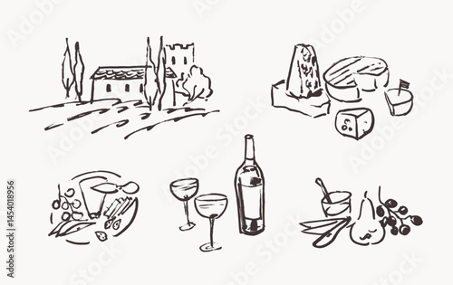 Line art drawings, wine and charcuterie illustrations