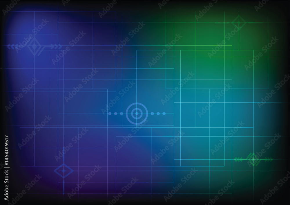 Digital technology background with binary code and glowing lines in blue and green tones