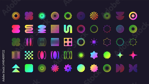 Brutalist geometric shapes, modern symbols. Colorful neon simple primitive elements and forms. Retro design, trendy contemporary minimalist style, y2k. Vector illustration