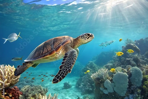 Sea turtle swims under water on the background of coral reefs