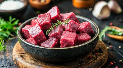 Fresh raw beef cubes for stew in a bowl