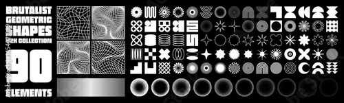 Brutalist geometric shapes, modern symbols. Groovy checkered pattern, distorted tiled grid. Simple elements, forms. Retro design, trendy contemporary minimalist style, y2k. Vector illustration