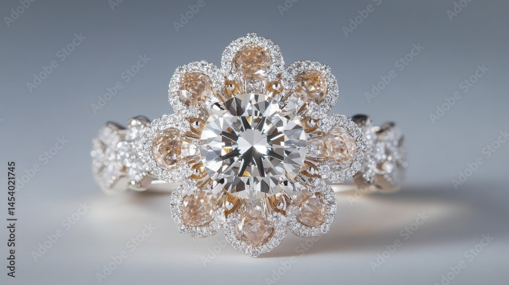 Elegant flower shaped ring with large round diamond center stone and smaller diamonds encircling, sitting on reflective surface Elegant flower shaped ring with large round diamond center stone and smaller diamonds encircling, sitting on reflective surface