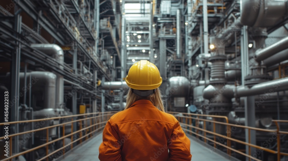 Female industrial worker stands inside large factory structure wearing orange safety suit and hardhat inspecting steel pipelines Female industrial worker stands inside large factory structure wearing orange safety suit and hardhat inspecting steel pipelines