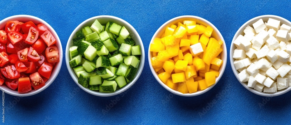 Fototapeta premium Assorted diced vegetables and cheese in white bowls