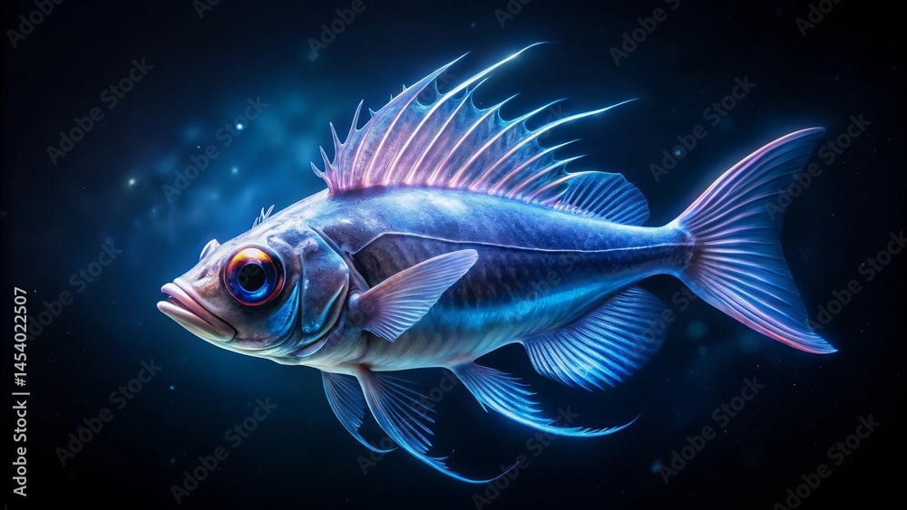 Luminescent Aquatic Creature A Deep Sea Fish with Iridescent Fins and Striking Eye Luminescent Aquatic Creature A Deep Sea Fish with Iridescent Fins and Striking Eye