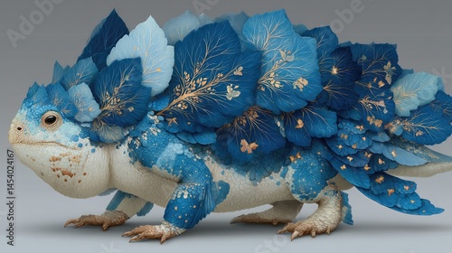 A stylized creature adorned with delicate blue leaves.