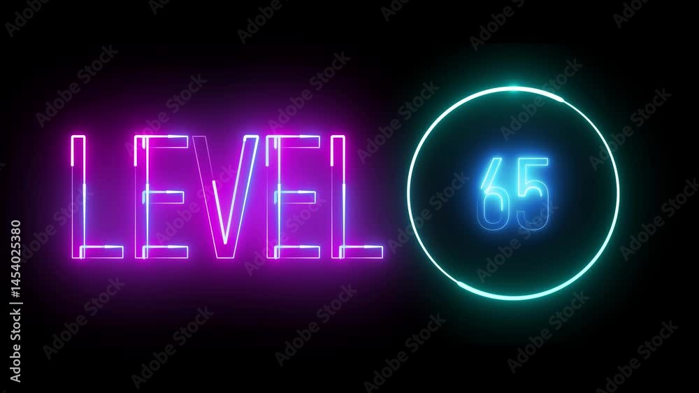 Fluorescent neon sign showing level 65 in circular frame. Digital art concept for futuristic branding and countdown visuals. Fluorescent neon sign showing level 65 in circular frame. Digital art concept for futuristic branding and countdown visuals.