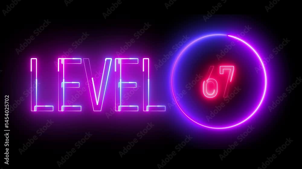 Bright neon level 67 enclosed in radiant circle. Futuristic signage style for arcade interfaces, stream overlays, and motion graphics. Bright neon level 67 enclosed in radiant circle. Futuristic signage style for arcade interfaces, stream overlays, and motion graphics.