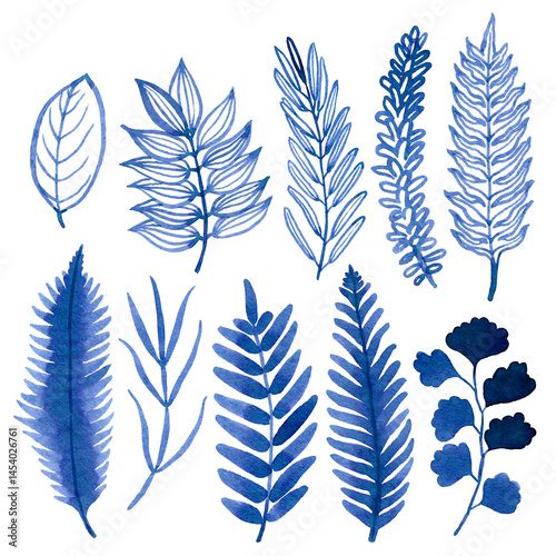 Watercolour hand drawn blue floral fern branch, foliage exotic plant, blue watercolour branch use as print, poster, element design, textile, fabric, invitation, clothes print, label, sticker.

