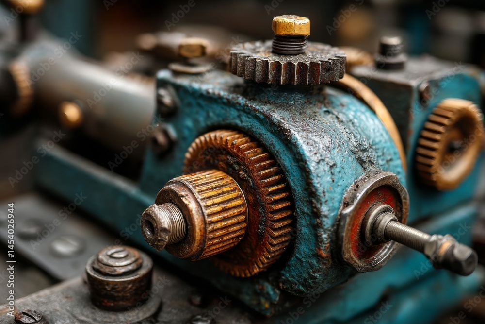 Closeup of aged machinery with cogwheels, bolts, and chipped blue paint, revealing textures and mechanical elements Closeup of aged machinery with cogwheels, bolts, and chipped blue paint, revealing textures and mechanical elements