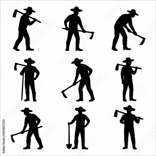 collection of silhouettes of farmers with a hoe