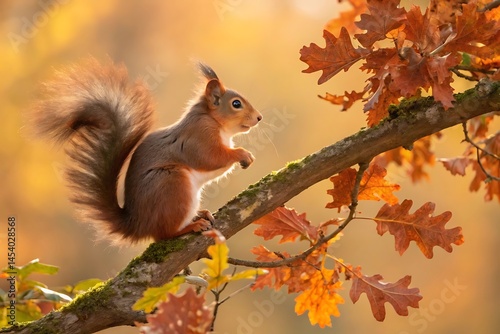 cute portrait with beautiful fluffy red squirrel sitting in autumn Park on a tree oak with bright Golden foliage