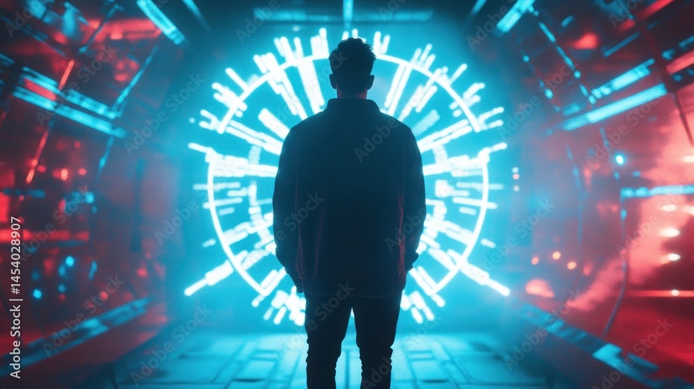 Silhouette figure confronts vibrant futuristic portal. Silhouette figure confronts vibrant futuristic portal.
