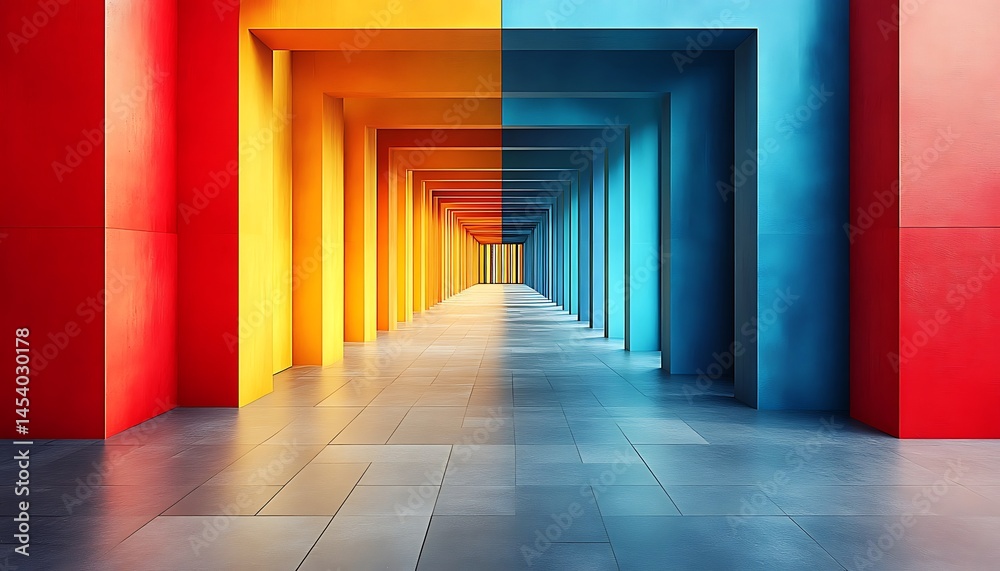 Fototapeta premium Colorful, vibrant architectural hallway perspective.