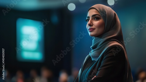 Arab woman in hijab giving presentation at conference professional businesswoman in business meeting event