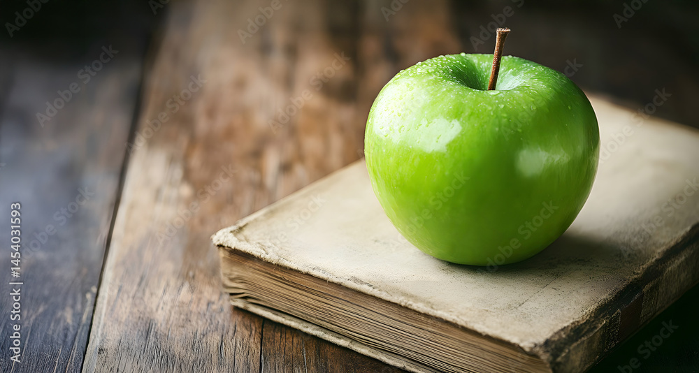 Close-up of fresh green apple resting on aged book with textured paper, placed on rustic wooden table indoors, capturing quiet natural light and warm tones in timeless still life setup.