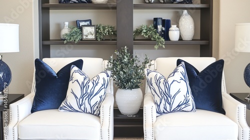 Two elegant armchairs with navy blue and white decorative pillows, displayed in a cozy living space.