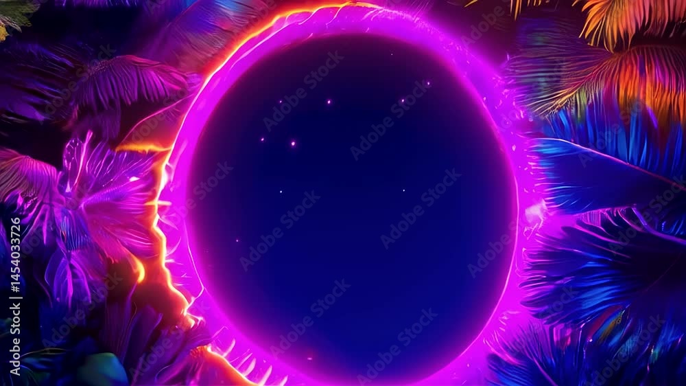 Colorful abstract neon light animation with glowing vibrant palm leaves, negative space in the center and tropical atmosphere