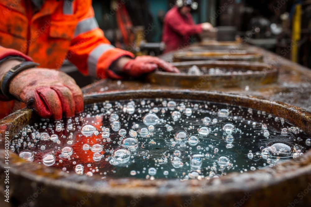 Obraz premium Worker inspecting liquid filled drums, focusing on bubbles, wearing safety equipment, and orange high visibility clothing for safety