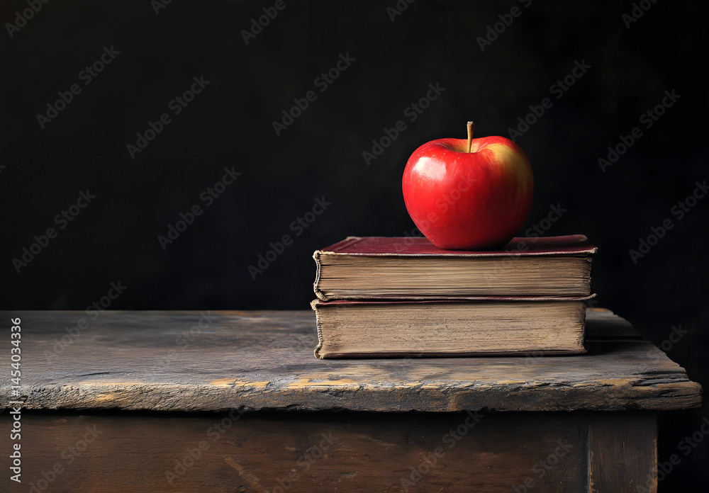 Bright red apple resting on hardcover book atop rustic wooden table, photographed against black background to create striking visual contrast in calm, natural, indoor still life setting.