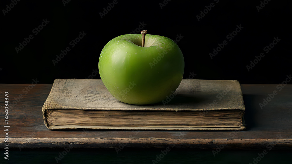 Close-up of fresh green apple on weathered book with textured paper, resting on rustic wooden table, isolated against black background to highlight contrast, depth, and natural beauty.