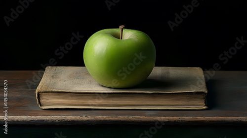 Obraz na płótnie Close-up of fresh green apple on weathered book with textured paper, resting on rustic wooden table, isolated against black background to highlight contrast, depth, and natural beauty. w salonie