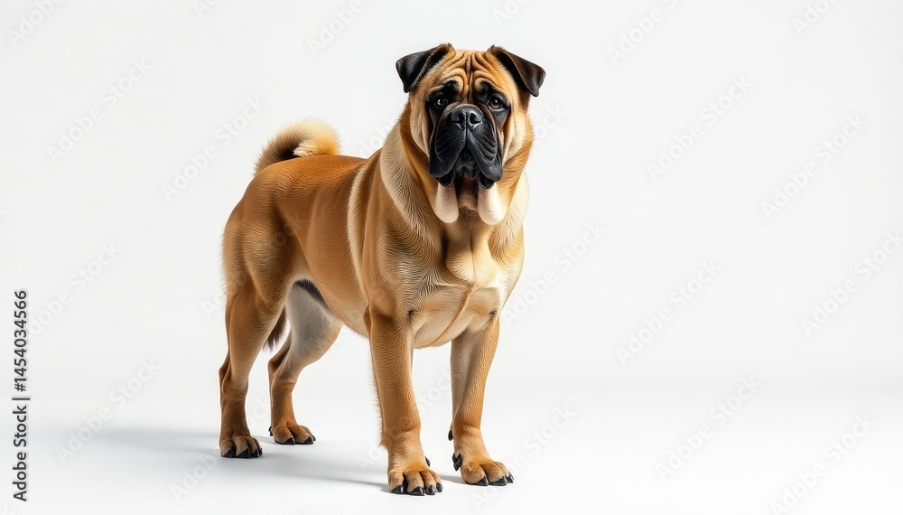 Obraz premium Majestic mastiff, powerful stance, white background, dog photography, muscular