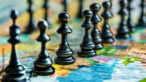 Black chess pieces arranged on a colorful map representing strategic planning in a game setting