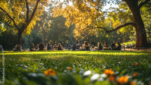 Sunlit park scene, many people picnicking on grassy area under large trees