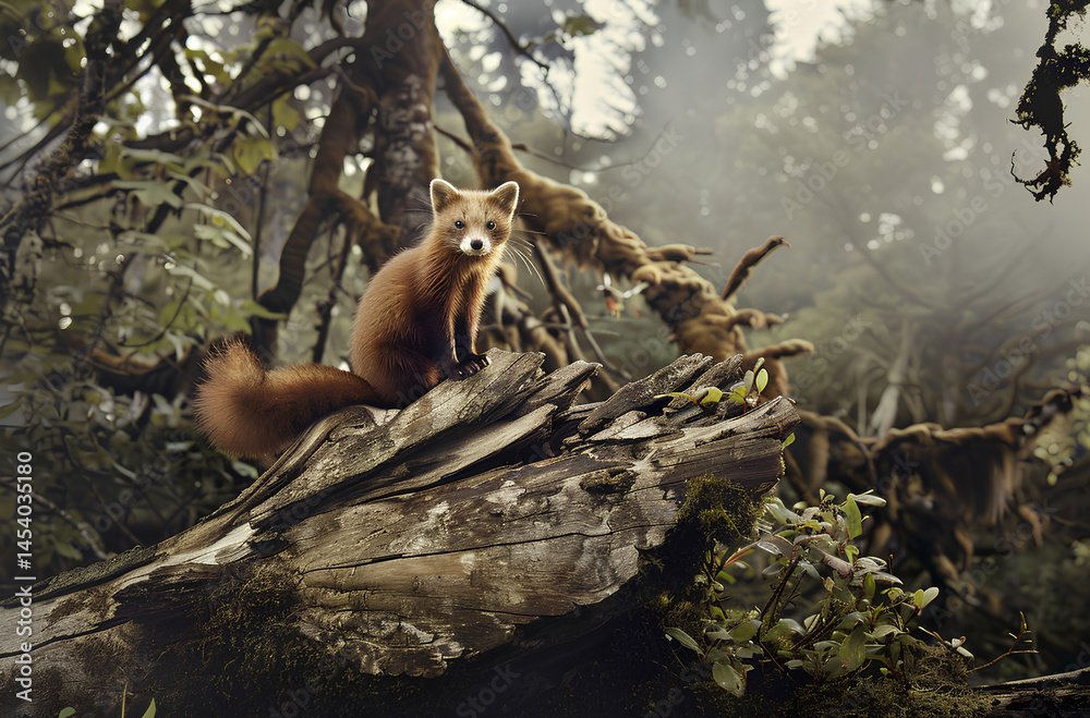 pine marten is perched on top of an old, moss-covered log in the forest. The creature has brown fur with black and yellow stripes along its back, while its long tail frames one side of the tree trunk pine marten is perched on top of an old, moss-covered log in the forest. The creature has brown fur with black and yellow stripes along its back, while its long tail frames one side of the tree trunk