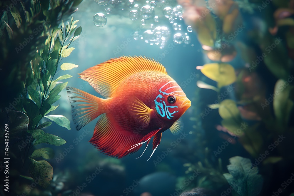 Obraz premium A vibrant orange fish with blue markings swimming in a lush green aquatic environment with bubbles
