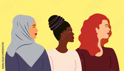 Face profiles of young beautiful women - African black, Muslim, European. Portraits of women. Image of people to create different concepts and designs