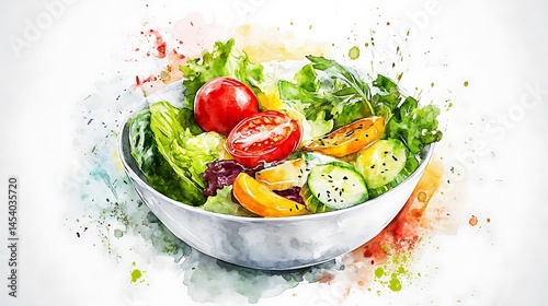 Vibrant watercolor painting of a fresh salad in a bowl. The salad consists of lettuce, cherry tomatoes, cucumber, and other colorful vegetables. The image is set against a white background with
