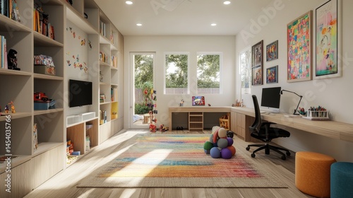 Spacious, modern playroom with study area.