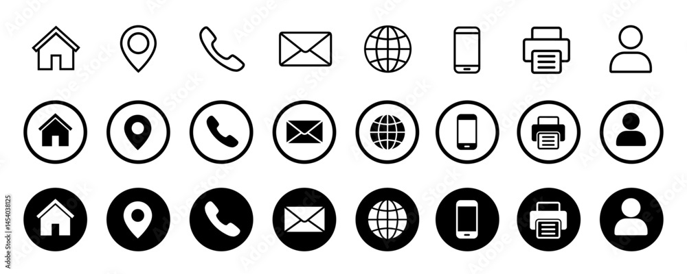 Contact icon set, contact us in line and solid style. Web icons set address, location, number, fax, email, phone, website, message, name icon collection, communication contact