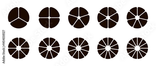 Pie chart set, segmented circle icons, circle division infographic icon, pie chart divided equal parts, infographic wheel segment and fraction, percentage wheel, circle diagram with sections or parts