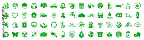 Ecology icons set, carbon neutral, net zero, eco green signs, environment, recycle, nature eco symbols