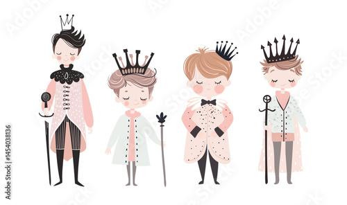 Little princes in crowns, set of fairy tale characters, boys in elegant royal clothes. Flat vector illustration isolated on white background.